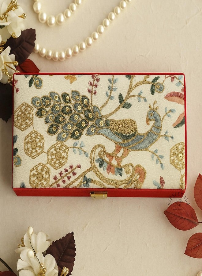 LIFAFEWALA Decorative Embroidery Shagun Box, Cash Box, Gaddi Box, Jewellery Box, Gift Box, Money Box Envelope in Peacock Design with Fur Inside(Red, Pack of 1) - Image 3